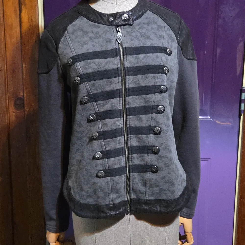 L Harley Davidson Gray Military Jacket Fitted Cropped Jacket Black Parade - Picture 2 of 6